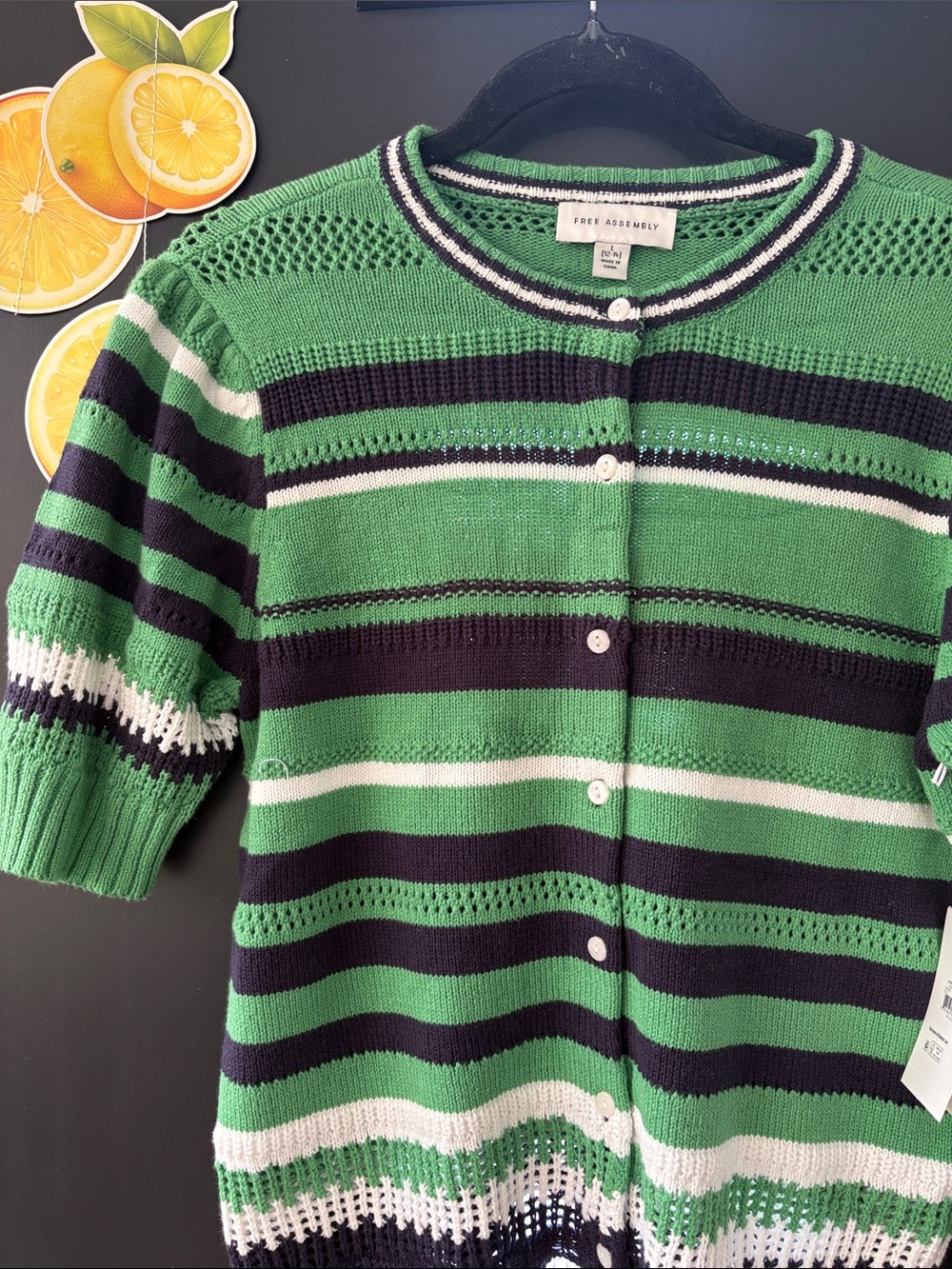 Free Assembly Green & Navy Striped Short-Sleeve Cardigan Sweater NWT